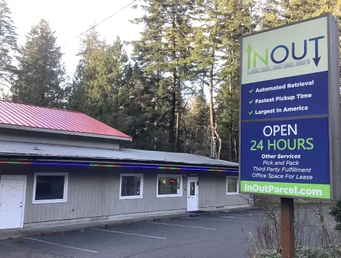 The In Out Parcel storefront in Point Roberts, WA, open 24 hours for locker pickup